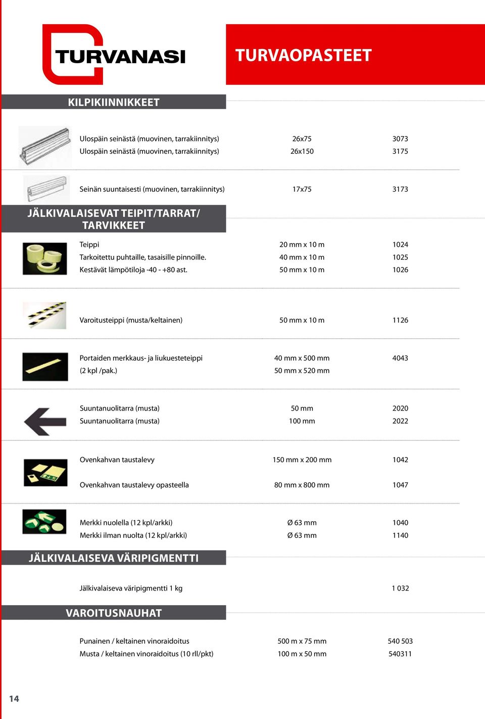 50 mm x 10 m 1026 Varoitusteippi (musta/keltainen) 50 mm x 10 m 1126 Portaiden merkkaus- ja liukuesteteippi 40 mm x 500 mm 4043 (2 kpl /pak.