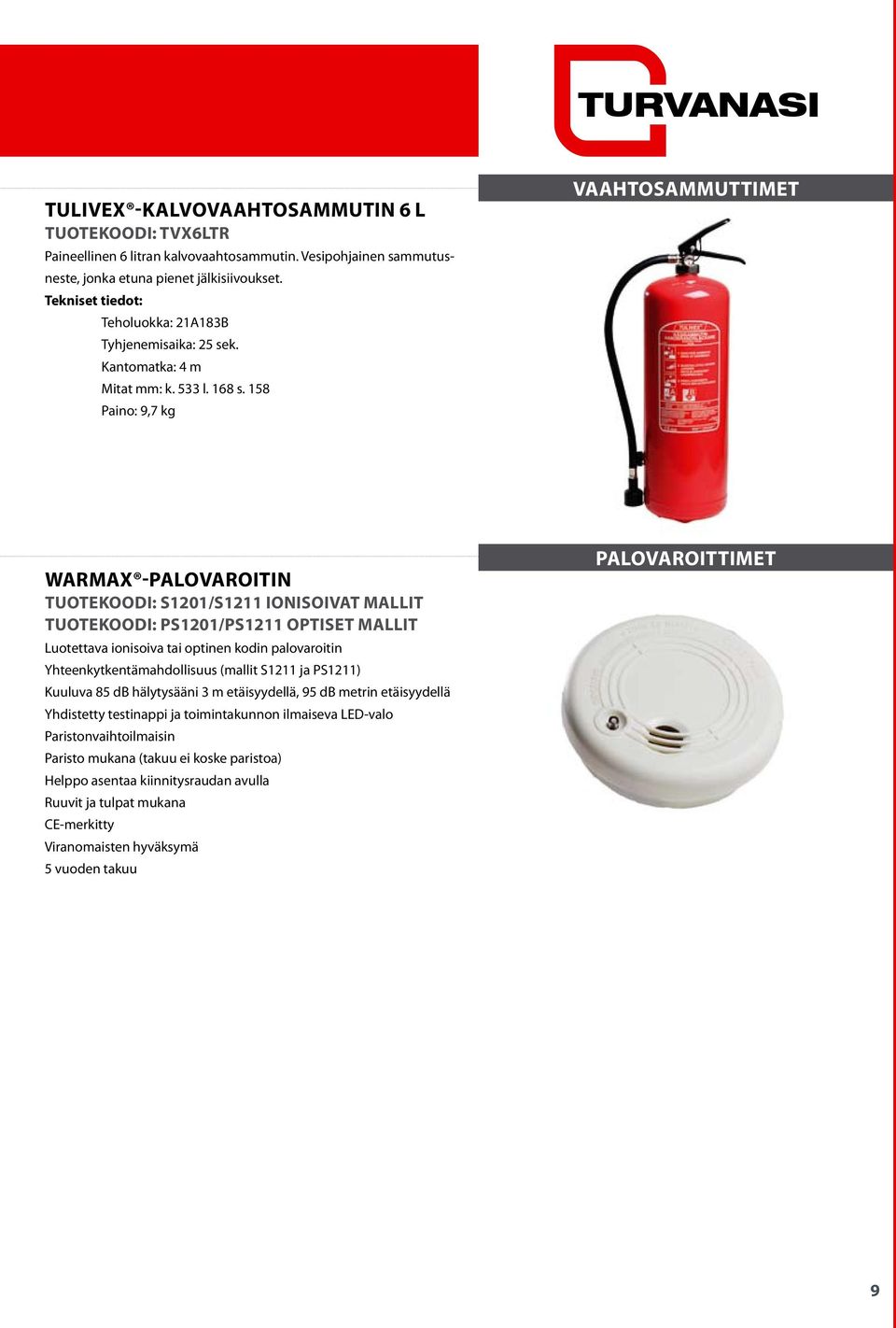158 Paino: 9,7 kg VAAHTOSAMMUTTIMET WARMAX -PALOVAROITIN Tuotekoodi: S1201/S1211 ionisoivat mallit Tuotekoodi: PS1201/PS1211 optiset mallit Luotettava ionisoiva tai optinen kodin palovaroitin