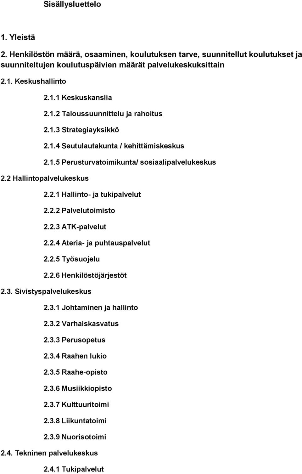 2.2 Palvelutoimisto 2.2.3 ATK-palvelut 2.2.4 Ateria- ja puhtauspalvelut 2.2.5 Työsuojelu 2.2.6 Henkilöstöjärjestöt 2.3. Sivistyspalvelukeskus 2.3.1 Johtaminen ja hallinto 2.3.2 Varhaiskasvatus 2.3.3 Perusopetus 2.