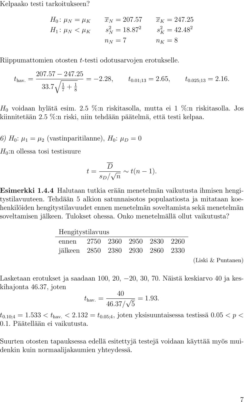 5 %:n riski, niin tehdään päätelmä, että testi kelpaa. 6) H 0 : µ 1 = µ 2 (vastinparitilanne), H 0 : µ D = 0 H 0 :n ollessa tosi testisuure t = D s D / n t(n 1). Esimerkki 1.4.