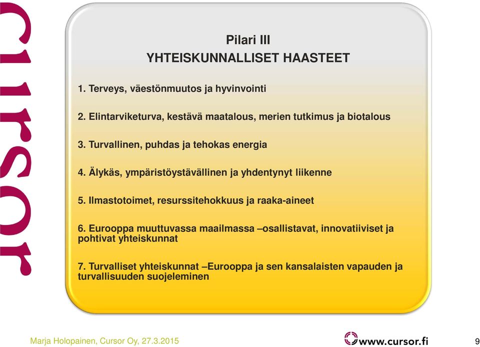 Älykäs, ympäristöystävällinen ja yhdentynyt liikenne 5. Ilmastotoimet, resurssitehokkuus ja raaka-aineet 6.