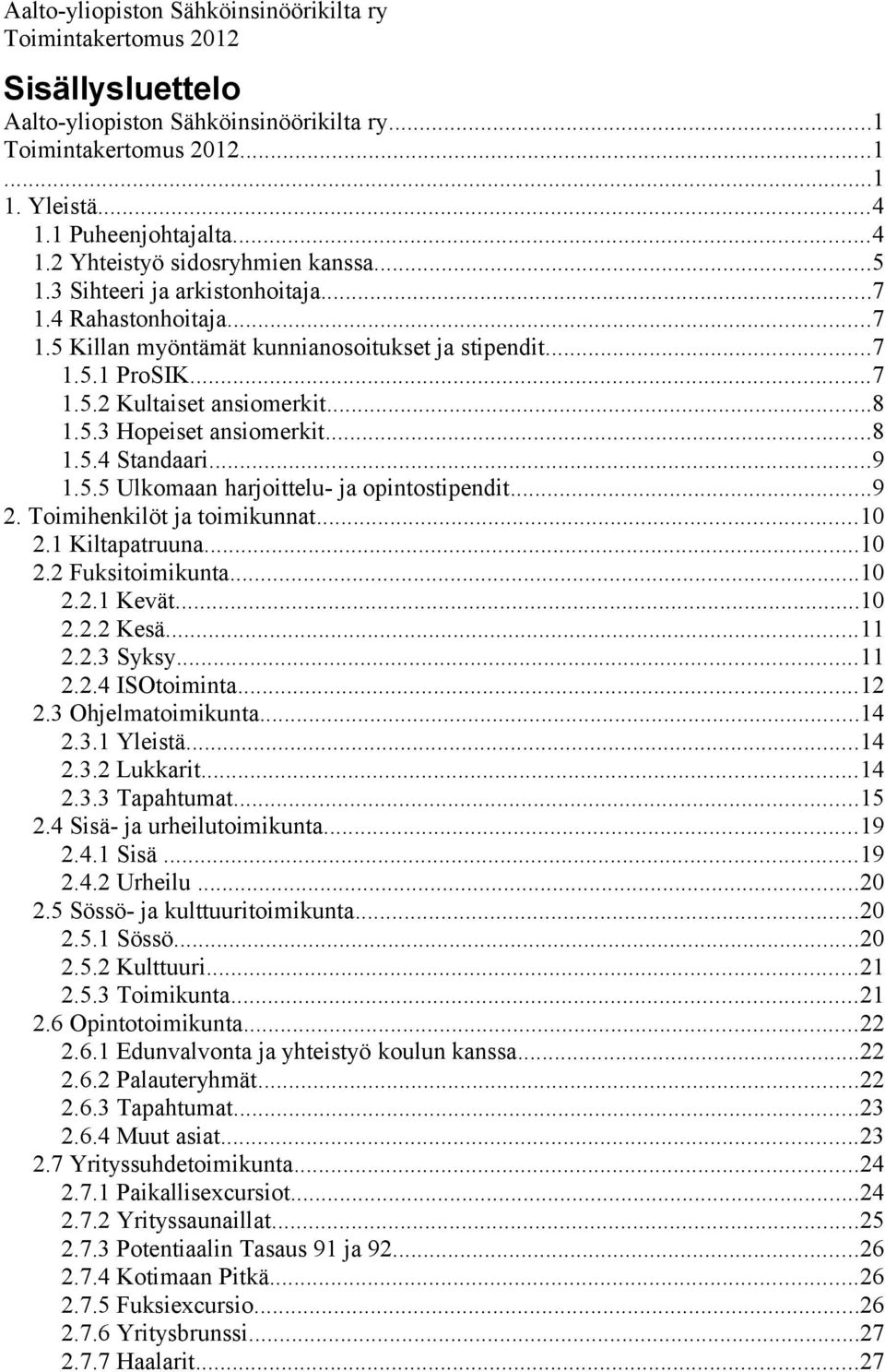 ..9 2. Toimihenkilöt ja toimikunnat...10 2.1 Kiltapatruuna...10 2.2 Fuksitoimikunta...10 2.2.1 Kevät...10 2.2.2 Kesä...11 2.2.3 Syksy...11 2.2.4 ISOtoiminta...12 2.3 Ohjelmatoimikunta...14 2.3.1 Yleistä.