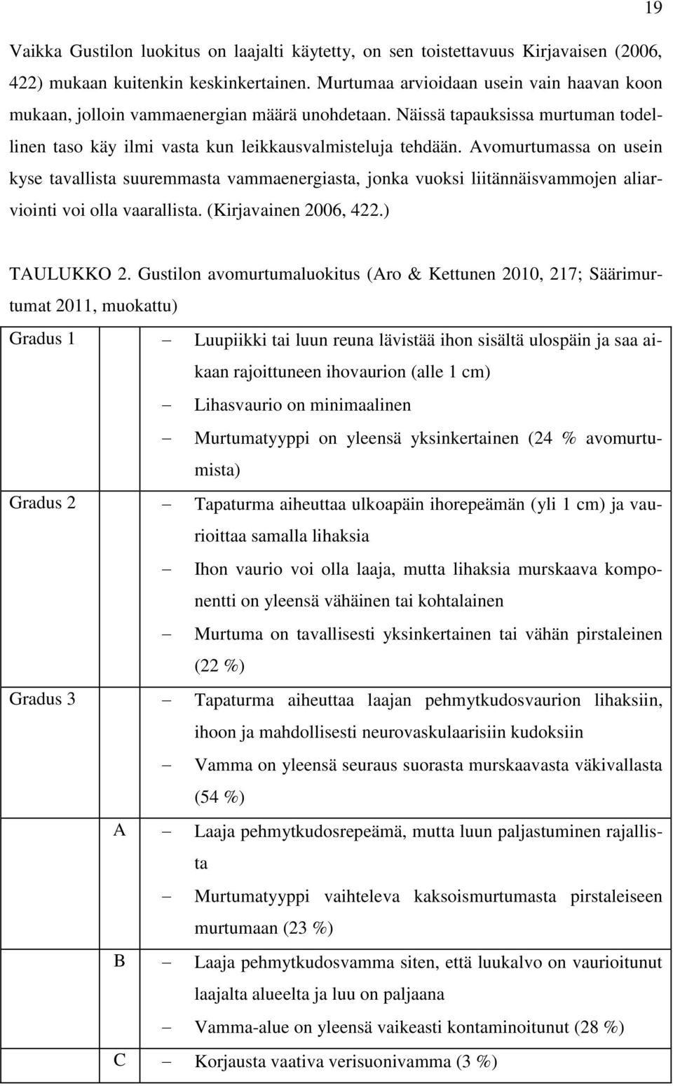 Avomurtumassa on usein kyse tavallista suuremmasta vammaenergiasta, jonka vuoksi liitännäisvammojen aliarviointi voi olla vaarallista. (Kirjavainen 2006, 422.) TAULUKKO 2.