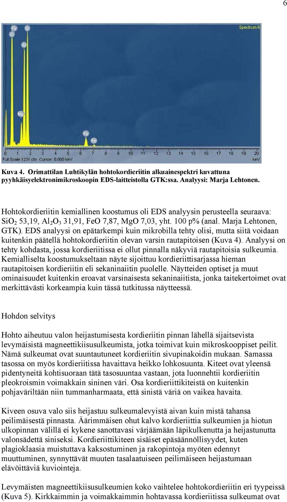 EDS analyysi on epätarkempi kuin mikrobilla tehty olisi, mutta siitä voidaan kuitenkin päätellä hohtokordieriitin olevan varsin rautapitoisen (Kuva 4).