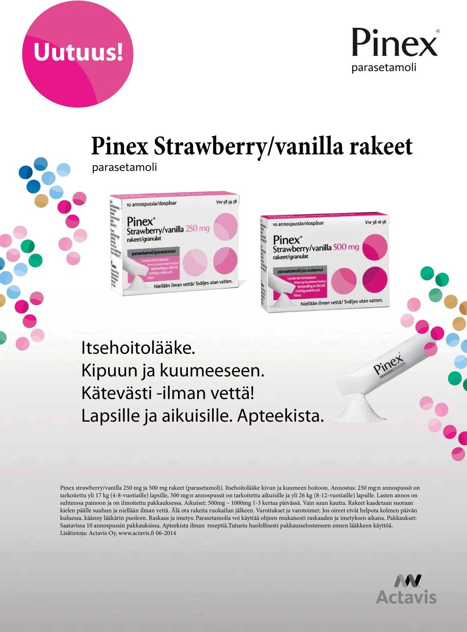 Annostus: 250 mg:n annospussit on tarkoitettu yli 17 kg (4-8-vuotiaille) lapsille, 500 mg:n annospussit on tarkoitettu aikuisille ja yli 26 kg (8-12-vuotiaille) lapsille.