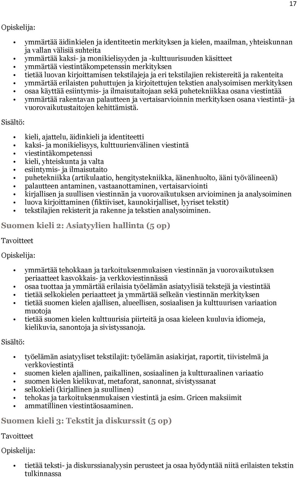 merkityksen osaa käyttää esiintymis- ja ilmaisutaitojaan sekä puhetekniikkaa osana viestintää ymmärtää rakentavan palautteen ja vertaisarvioinnin merkityksen osana viestintä- ja vuorovaikutustaitojen