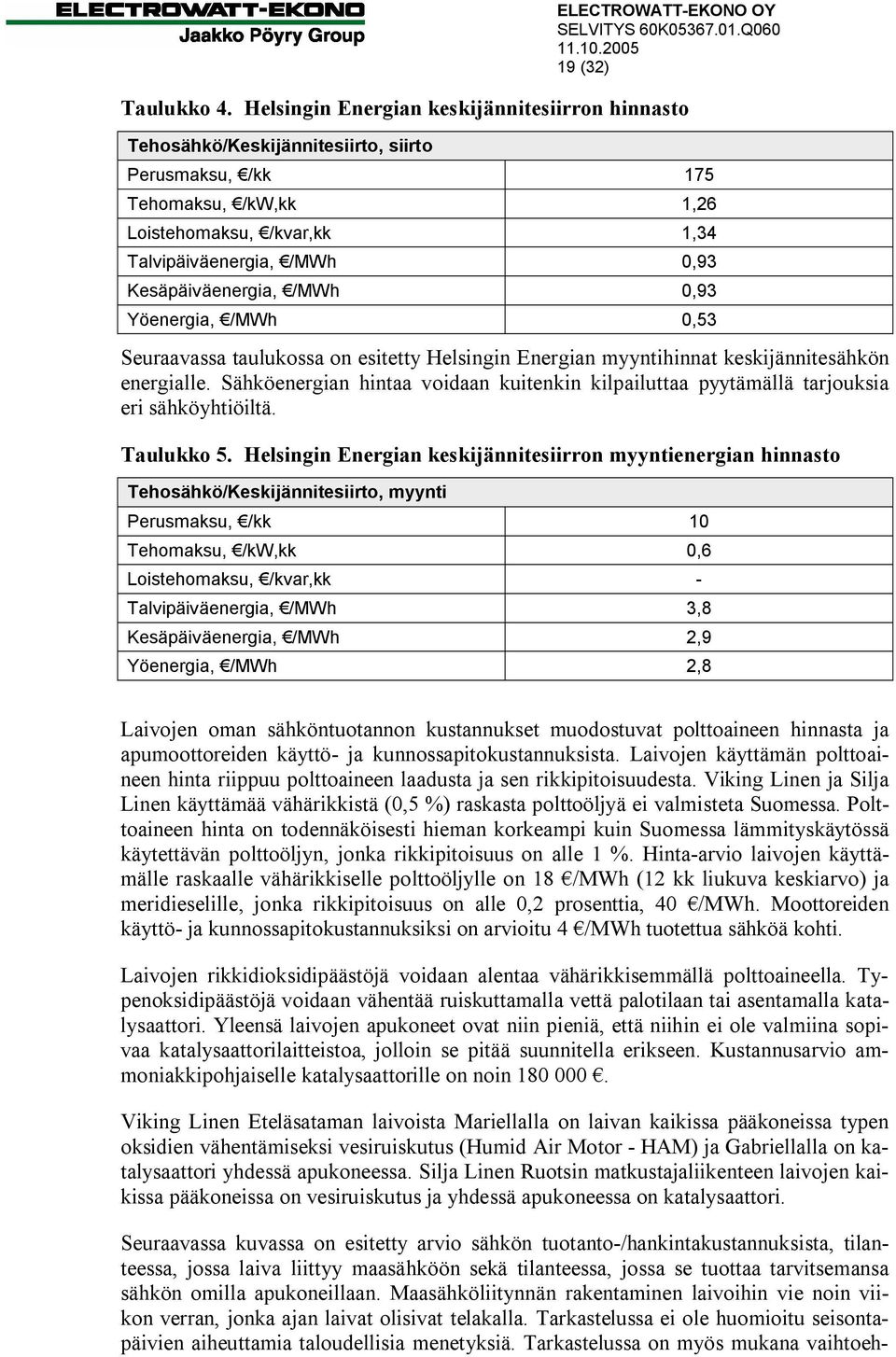 Kesäpäiväenergia, /MWh 0,93 Yöenergia, /MWh 0,53 Seuraavassa taulukossa on esitetty Helsingin Energian myyntihinnat keskijännitesähkön energialle.