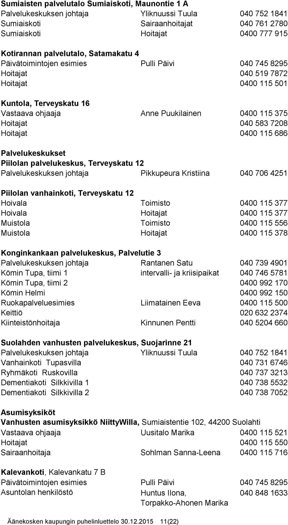 040 583 7208 Hoitajat 0400 115 686 Palvelukeskukset Piilolan palvelukeskus, Terveyskatu 12 Palvelukeskuksen johtaja Pikkupeura Kristiina 040 706 4251 Piilolan vanhainkoti, Terveyskatu 12 Hoivala