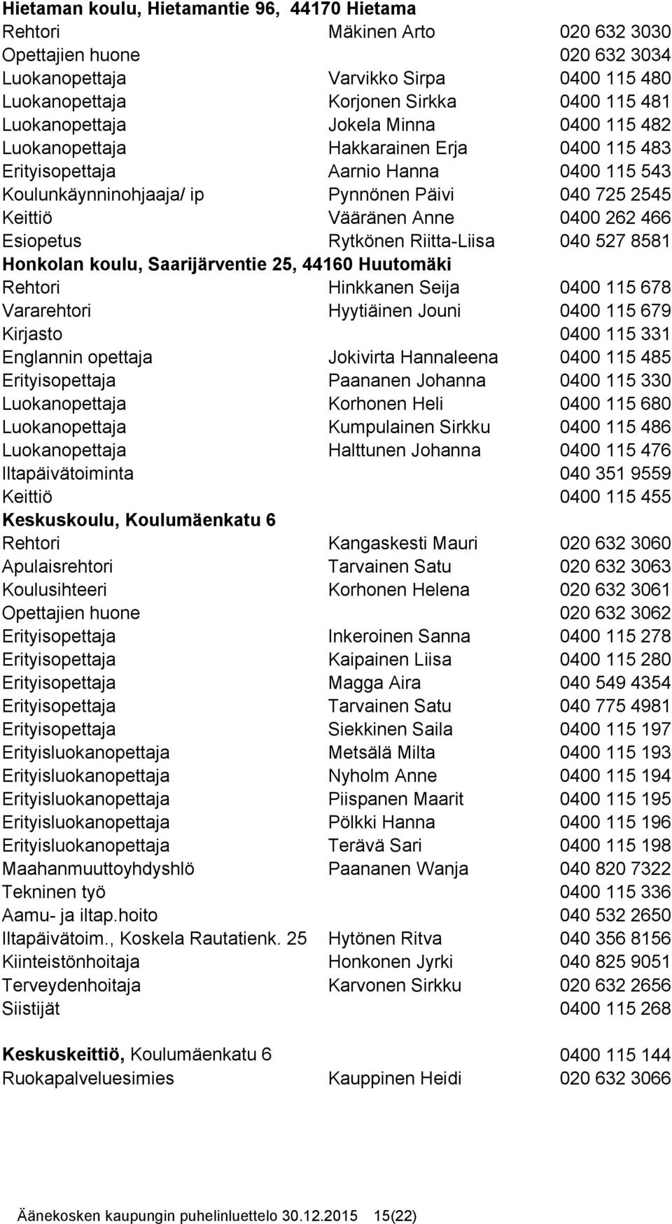 Anne 0400 262 466 Esiopetus Rytkönen Riitta-Liisa 040 527 8581 Honkolan koulu, Saarijärventie 25, 44160 Huutomäki Rehtori Hinkkanen Seija 0400 115 678 Vararehtori Hyytiäinen Jouni 0400 115 679