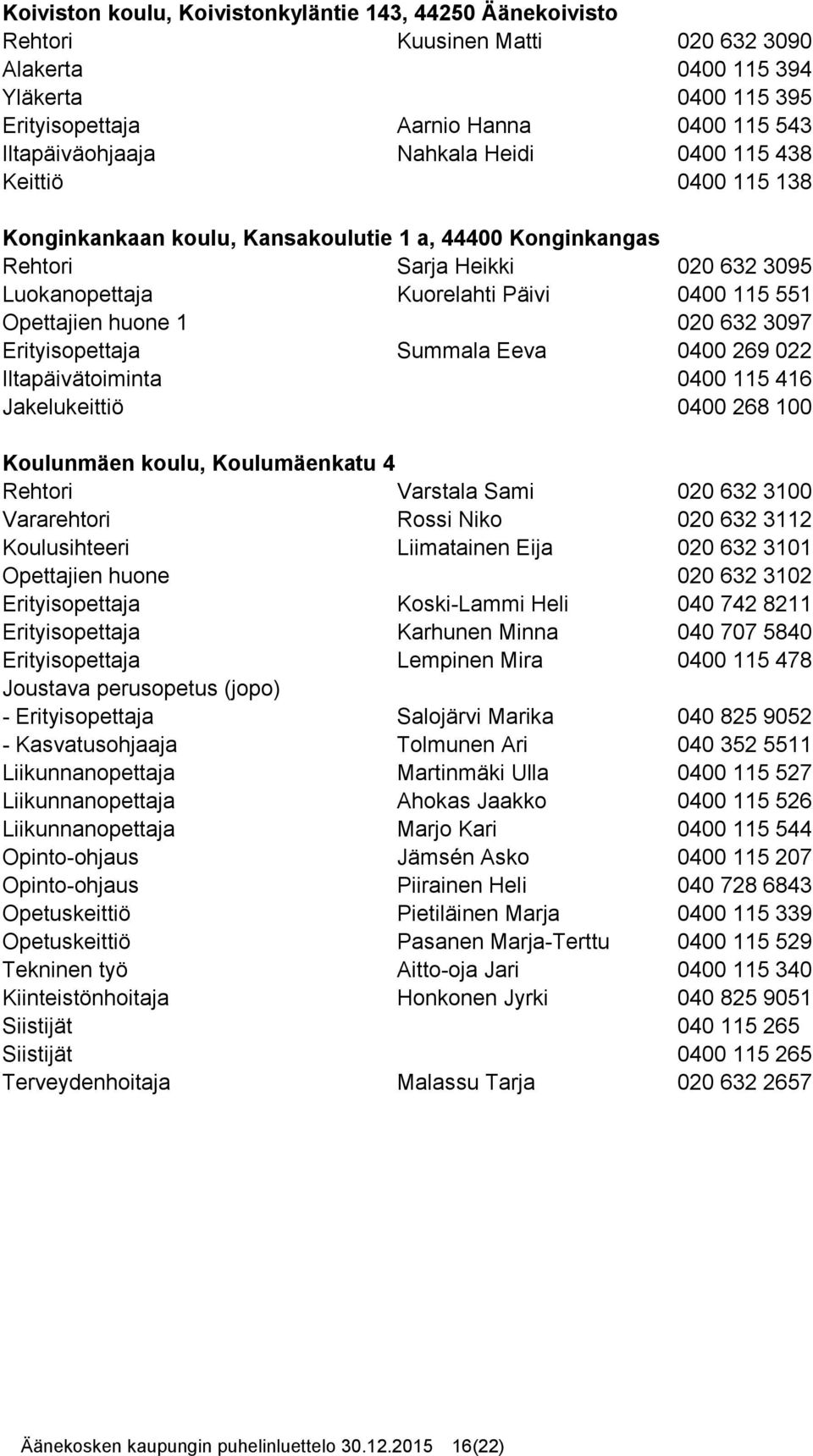 huone 1 020 632 3097 Erityisopettaja Summala Eeva 0400 269 022 Iltapäivätoiminta 0400 115 416 Jakelukeittiö 0400 268 100 Koulunmäen koulu, Koulumäenkatu 4 Rehtori Varstala Sami 020 632 3100