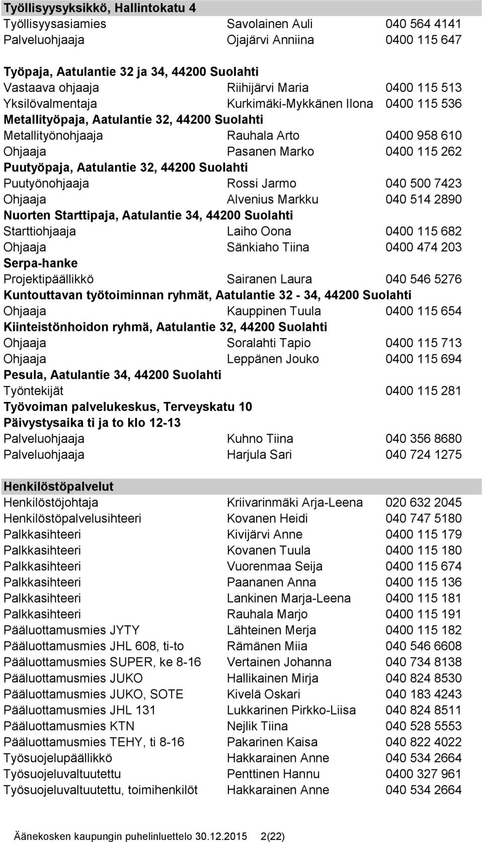 Puutyöpaja, Aatulantie 32, 44200 Suolahti Puutyönohjaaja Rossi Jarmo 040 500 7423 Ohjaaja Alvenius Markku 040 514 2890 Nuorten Starttipaja, Aatulantie 34, 44200 Suolahti Starttiohjaaja Laiho Oona