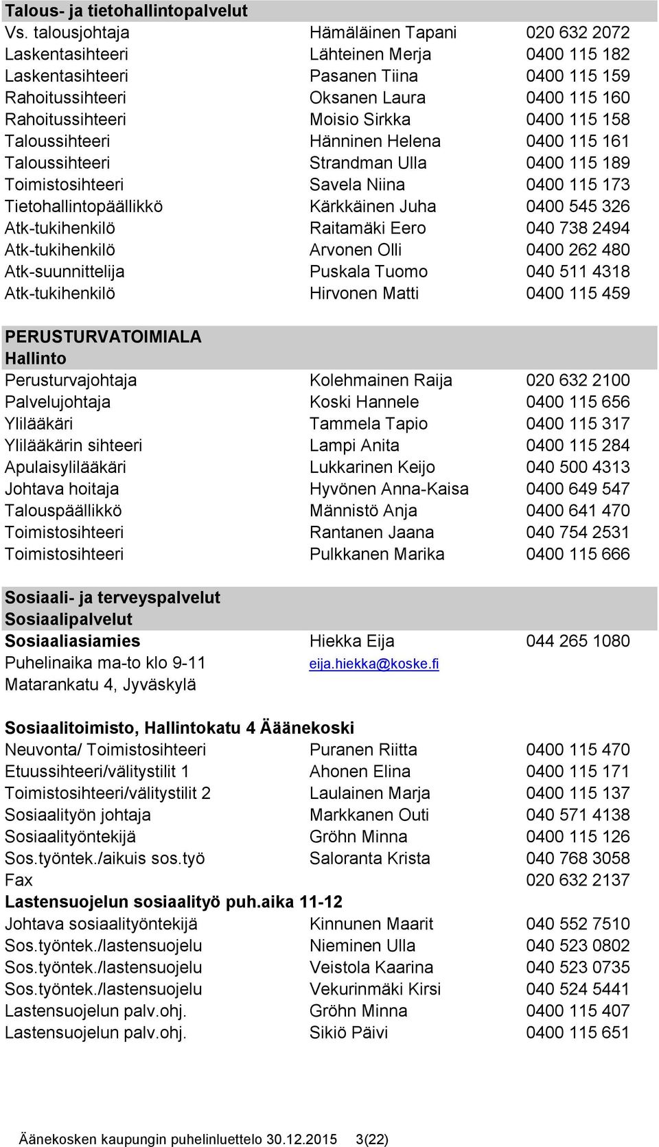 Moisio Sirkka 0400 115 158 Taloussihteeri Hänninen Helena 0400 115 161 Taloussihteeri Strandman Ulla 0400 115 189 Toimistosihteeri Savela Niina 0400 115 173 Tietohallintopäällikkö Kärkkäinen Juha