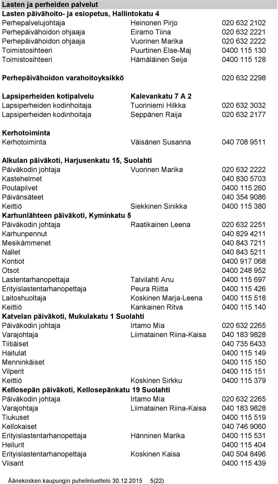 kotipalvelu Kalevankatu 7 A 2 Lapsiperheiden kodinhoitaja Tuoriniemi Hilkka 020 632 3032 Lapsiperheiden kodinhoitaja Seppänen Raija 020 632 2177 Kerhotoiminta Kerhotoiminta Väisänen Susanna 040 708