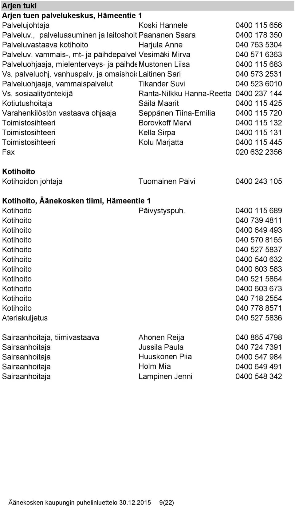 vammais-, mt- ja päihdepalvelutvesimäki Mirva 040 571 6363 Palveluohjaaja, mielenterveys- ja päihdepalv. Mustonen Liisa 0400 115 683 Vs. palveluohj. vanhuspalv.