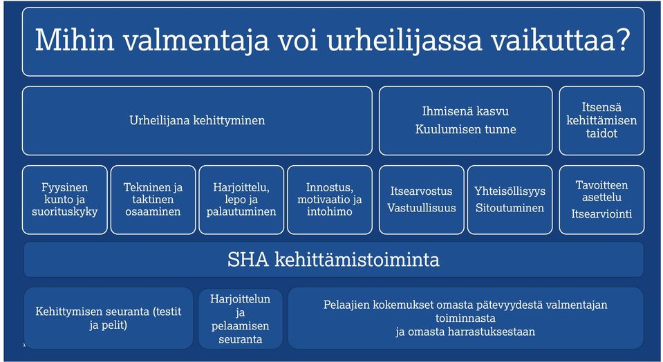 taktinen osaaminen Harjoittelu, lepo ja palautuminen Innostus, motivaatio ja intohimo Itsearvostus Vastuullisuus Yhteisöllisyys