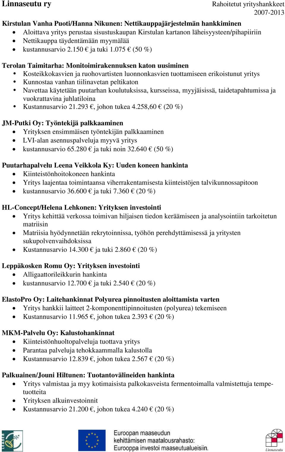 075 (50 %) Terolan Taimitarha: Monitoimirakennuksen katon uusiminen Kosteikkokasvien ja ruohovartisten luonnonkasvien tuottamiseen erikoistunut yritys Kunnostaa vanhan tiilinavetan peltikaton