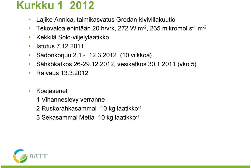 3.2012 (10 viikkoa) Sähkökatkos 26-29.12.2012, vesikatkos 30.1.2011 (vko 5) Raivaus 13.3.2012