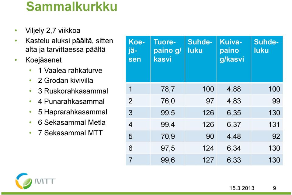 Sekasammal MTT Koejäsen Tuorepaino g/ kasvi Suhdeluku Kuivapaino g/kasvi Suhdeluku 1 78,7 100 4,88 100 2 76,0