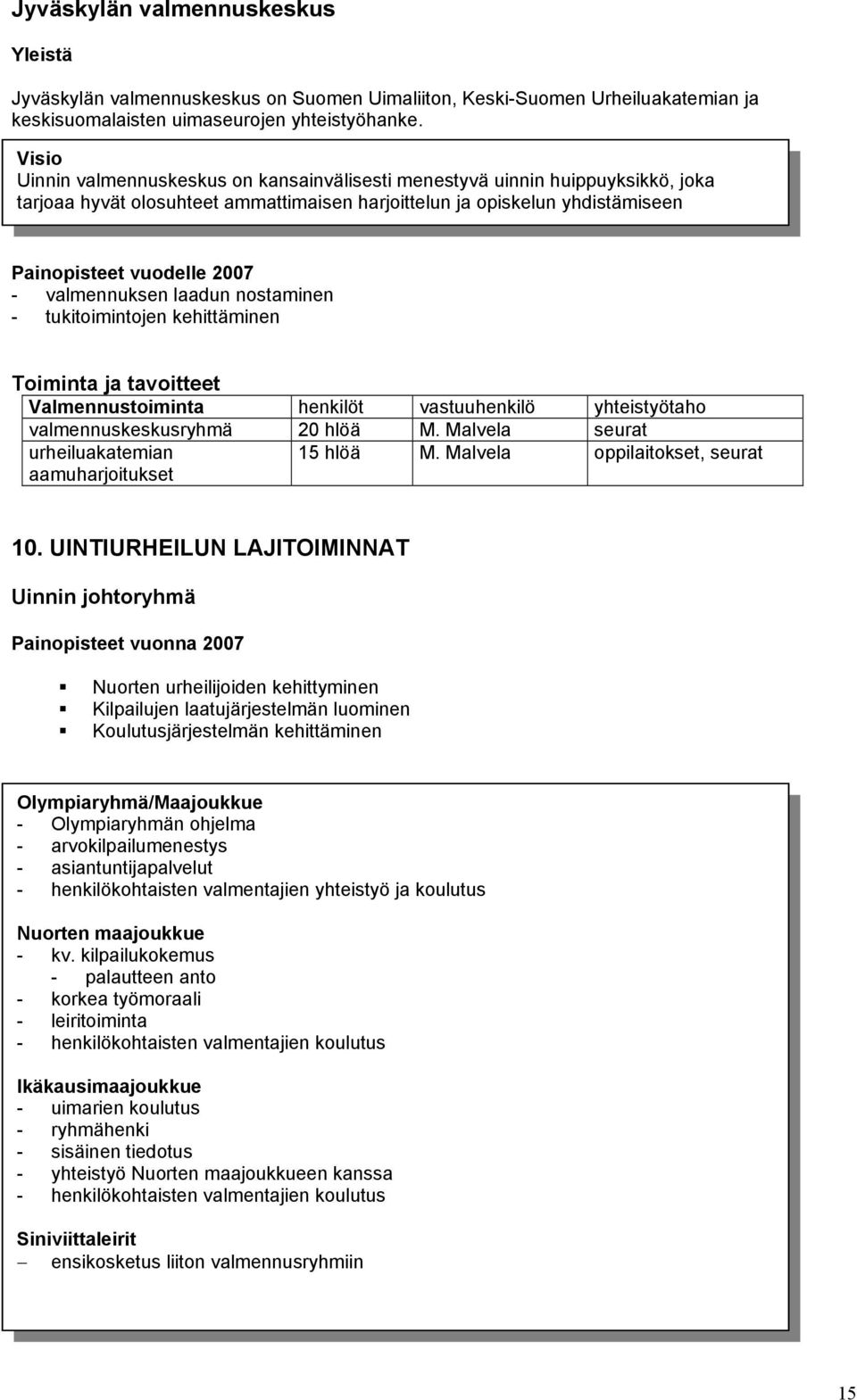 valmennuksen laadun nostaminen - tukitoimintojen kehittäminen Toiminta ja tavoitteet Valmennustoiminta henkilöt vastuuhenkilö yhteistyötaho valmennuskeskusryhmä 20 hlöä M.