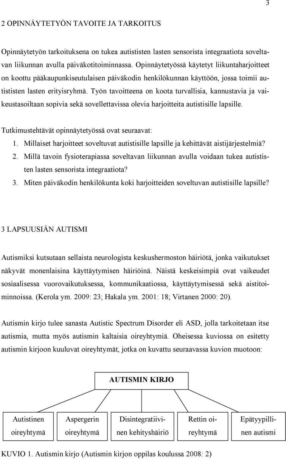 Työn tavoitteena on koota turvallisia, kannustavia ja vaikeustasoiltaan sopivia sekä sovellettavissa olevia harjoitteita autistisille lapsille. Tutkimustehtävät opinnäytetyössä ovat seuraavat: 1.