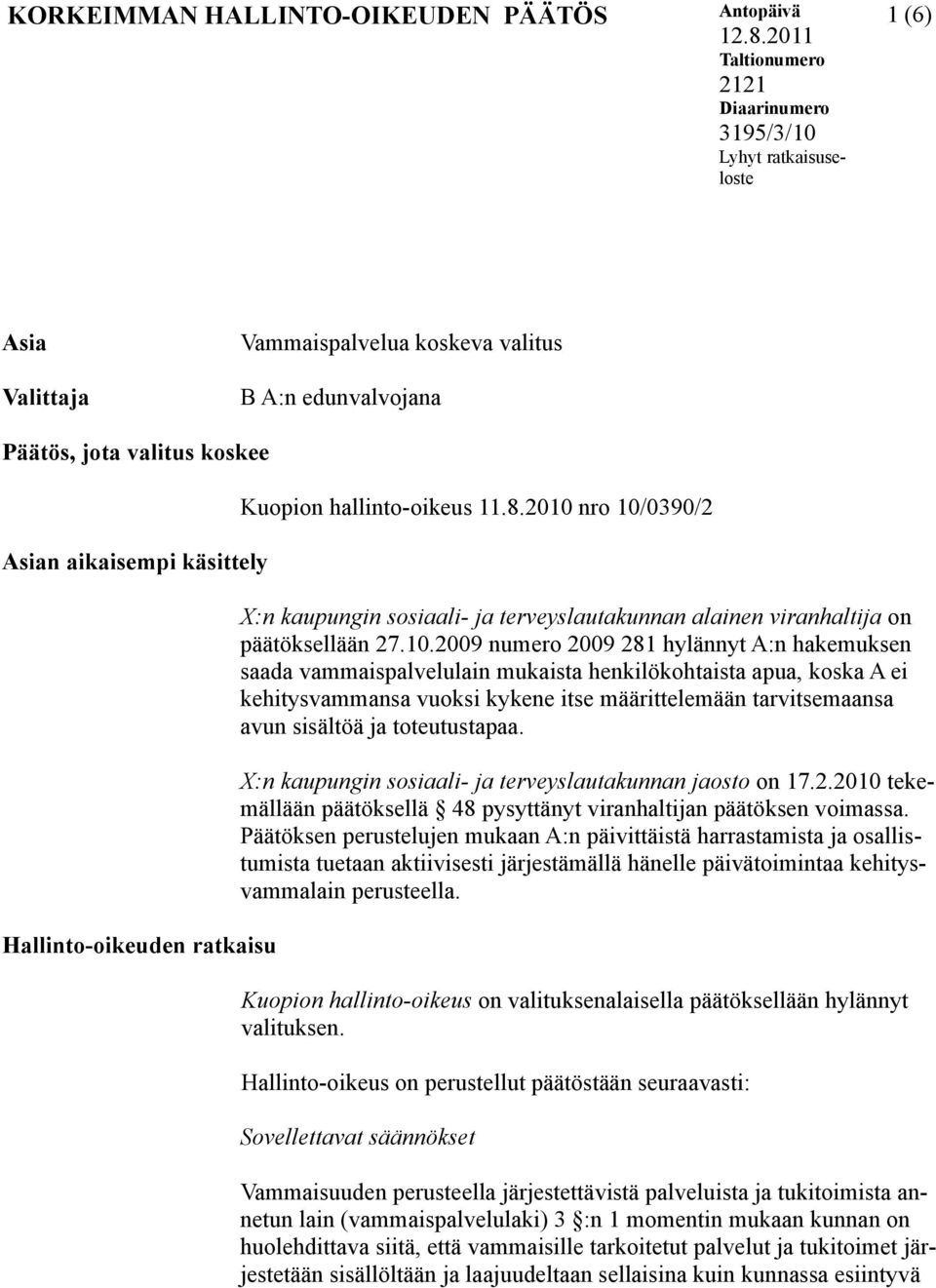 Hallinto-oikeuden ratkaisu Kuopion hallinto-oikeus 11.8.2010 