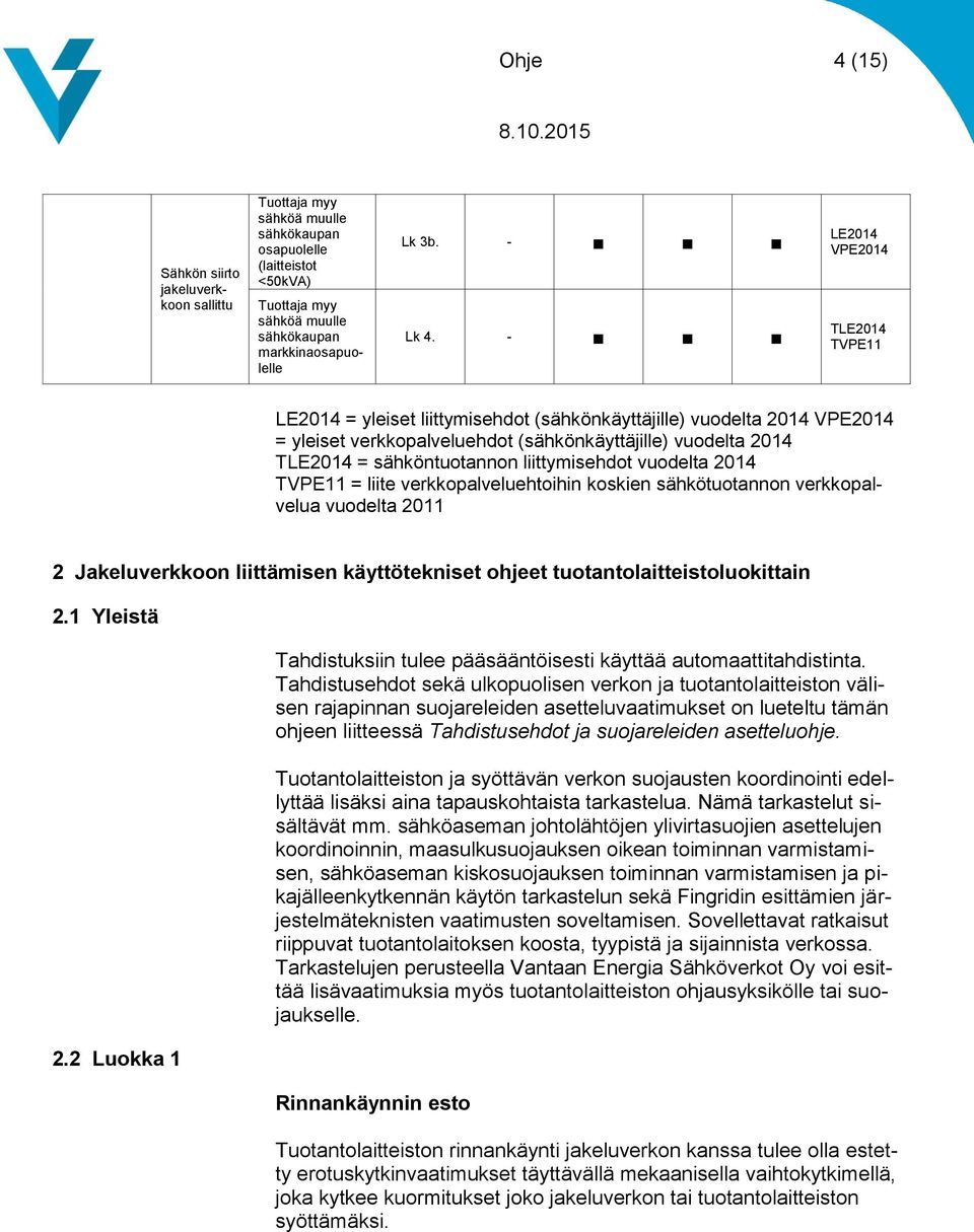 liittymisehdot vuodelta 2014 TVPE11 = liite verkkopalveluehtoihin koskien sähkötuotannon verkkopalvelua vuodelta 2011 2 Jakeluverkkoon liittämisen käyttötekniset ohjeet tuotantolaitteistoluokittain 2.