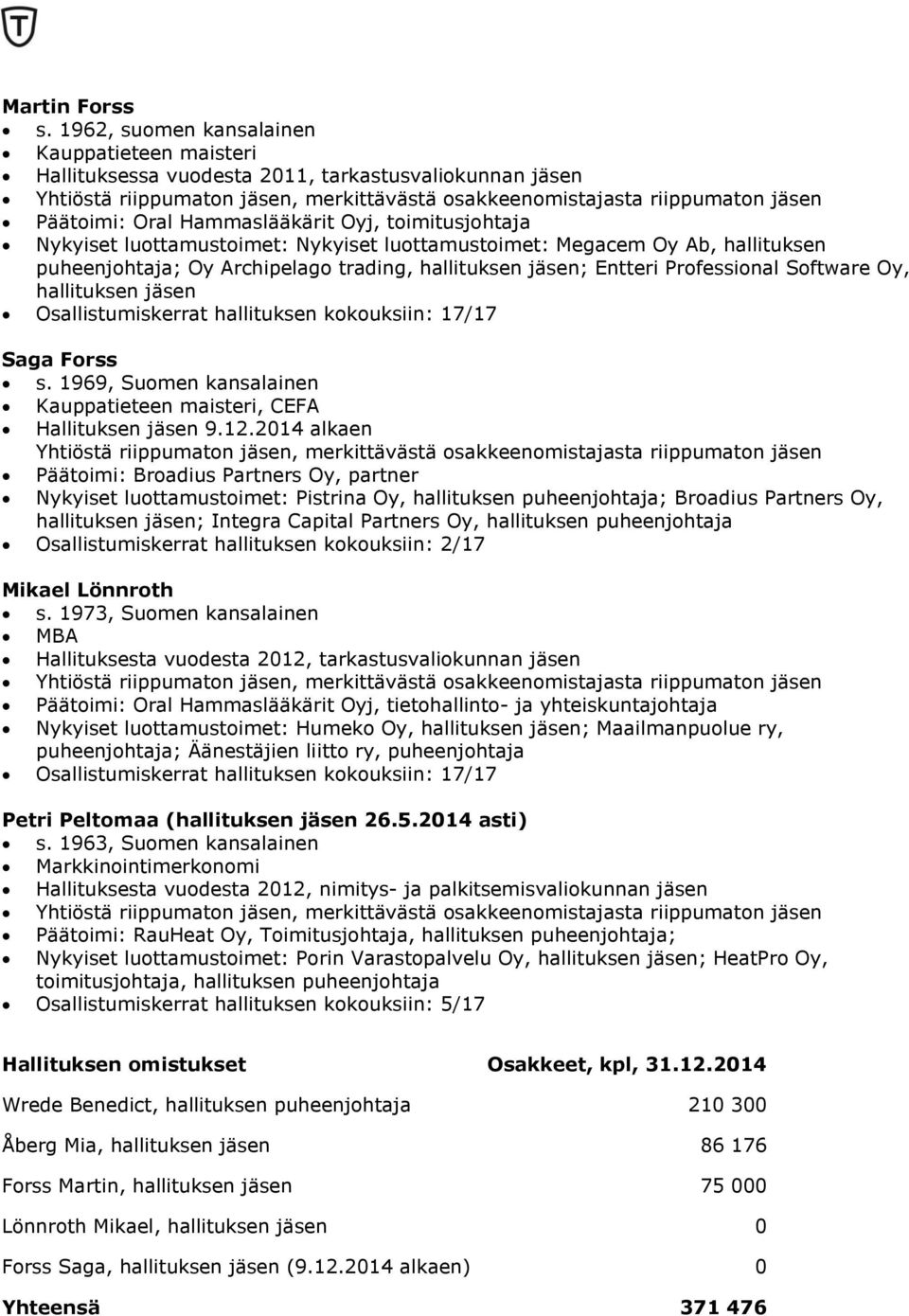 Hammaslääkärit Oyj, toimitusjohtaja Nykyiset luottamustoimet: Nykyiset luottamustoimet: Megacem Oy Ab, hallituksen puheenjohtaja; Oy Archipelago trading, hallituksen jäsen; Entteri Professional