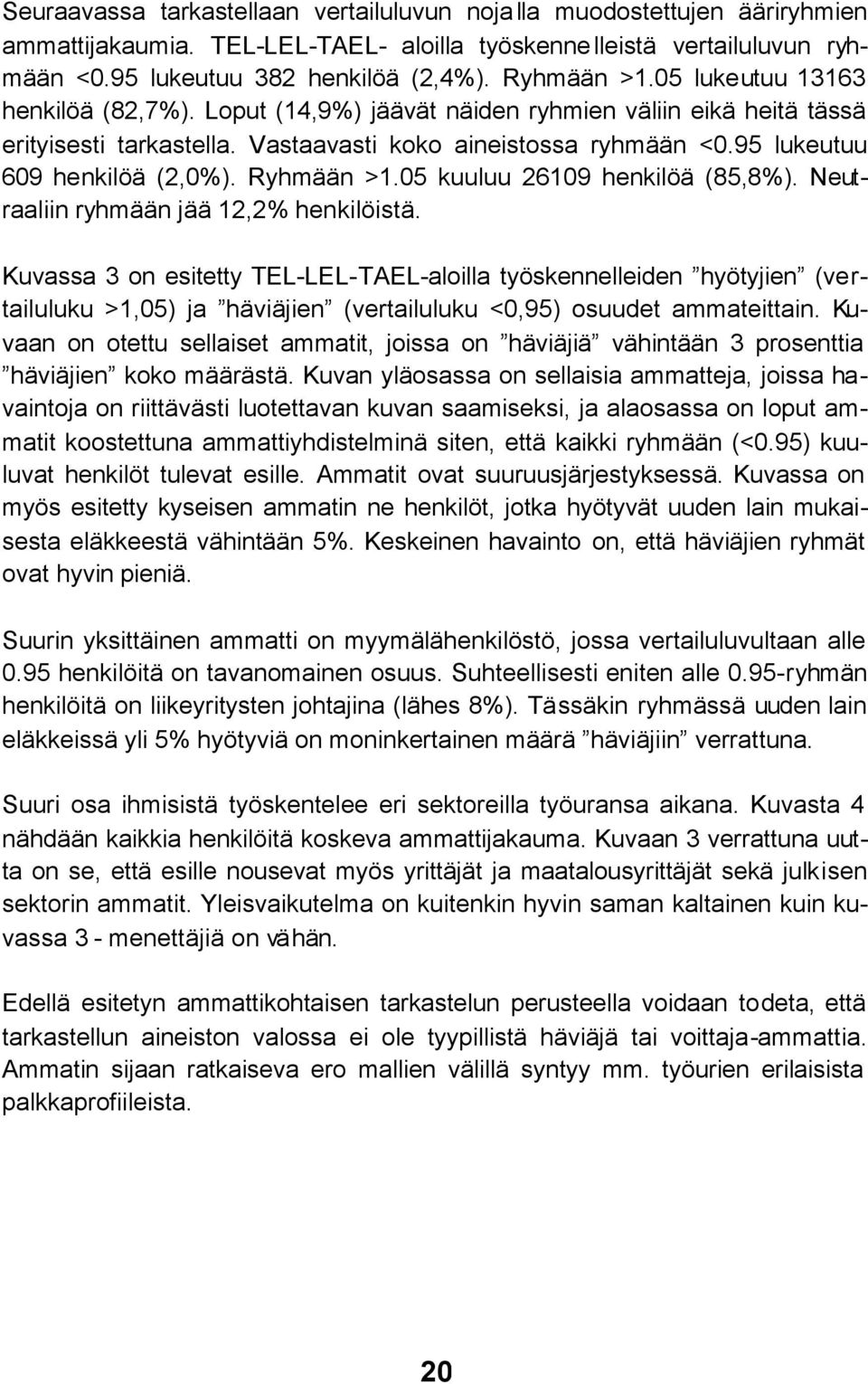 95 lukeutuu 609 henkilöä (2,0%). Ryhmään >1.05 kuuluu 26109 henkilöä (85,8%). Neutraaliin ryhmään jää 12,2% henkilöistä.