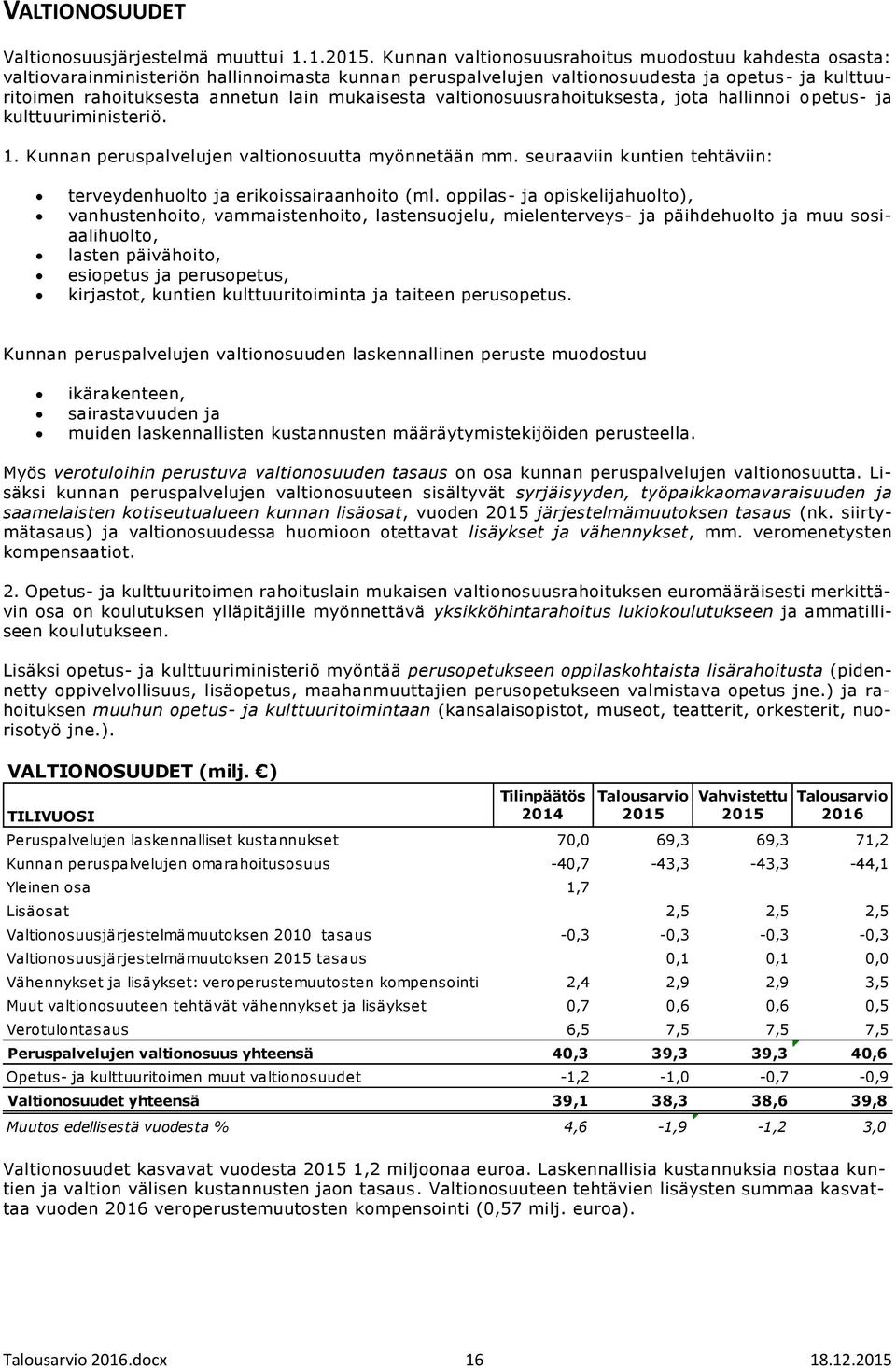 mukaisesta valtionosuusrahoituksesta, jota hallinnoi o petus- ja kulttuuriministeriö. 1. Kunnan peruspalvelujen valtionosuutta myönnetään mm.