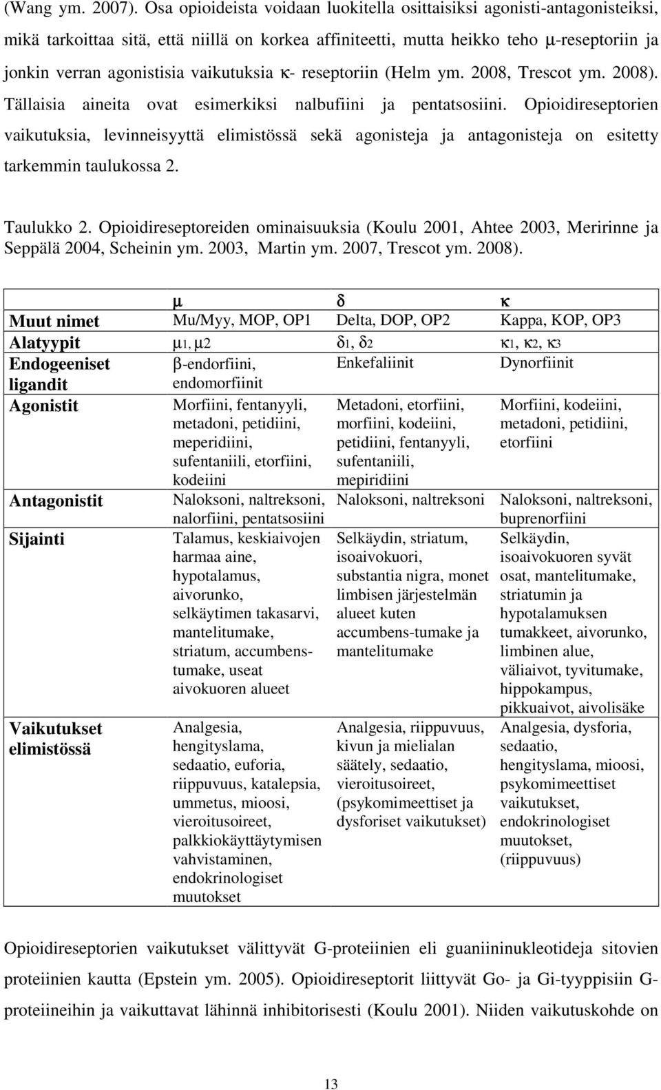 vaikutuksia κ- reseptoriin (Helm ym. 2008, Trescot ym. 2008). Tällaisia aineita ovat esimerkiksi nalbufiini ja pentatsosiini.