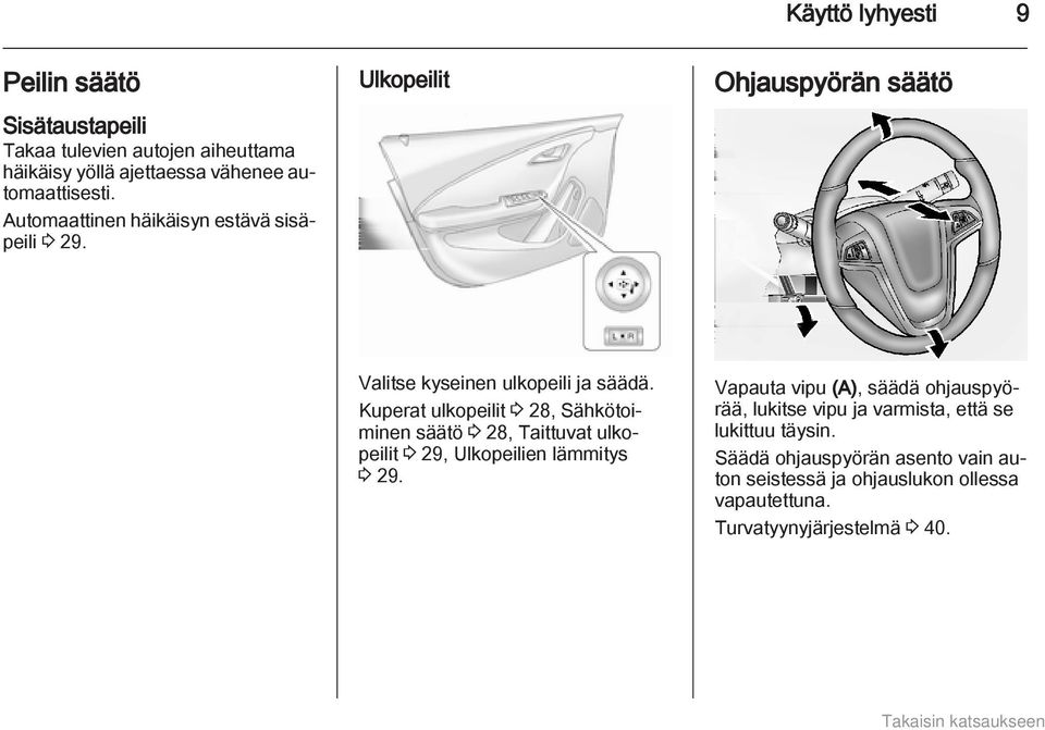 Kuperat ulkopeilit 3 28, Sähkötoiminen säätö 3 28, Taittuvat ulkopeilit 3 29, Ulkopeilien lämmitys 3 29.