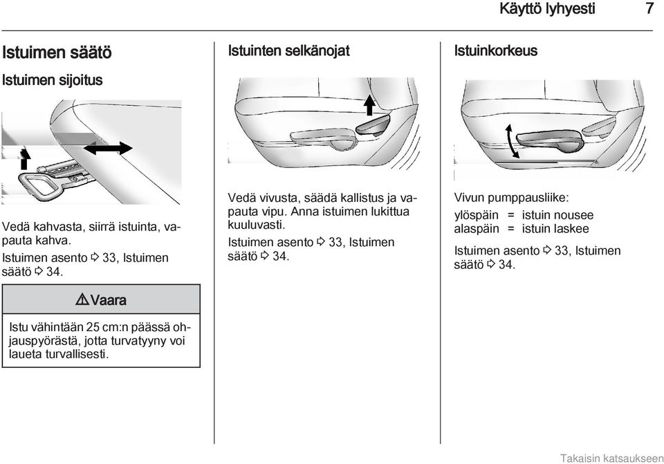 9 Vaara Istu vähintään 25 cm:n päässä ohjauspyörästä, jotta turvatyyny voi laueta turvallisesti.