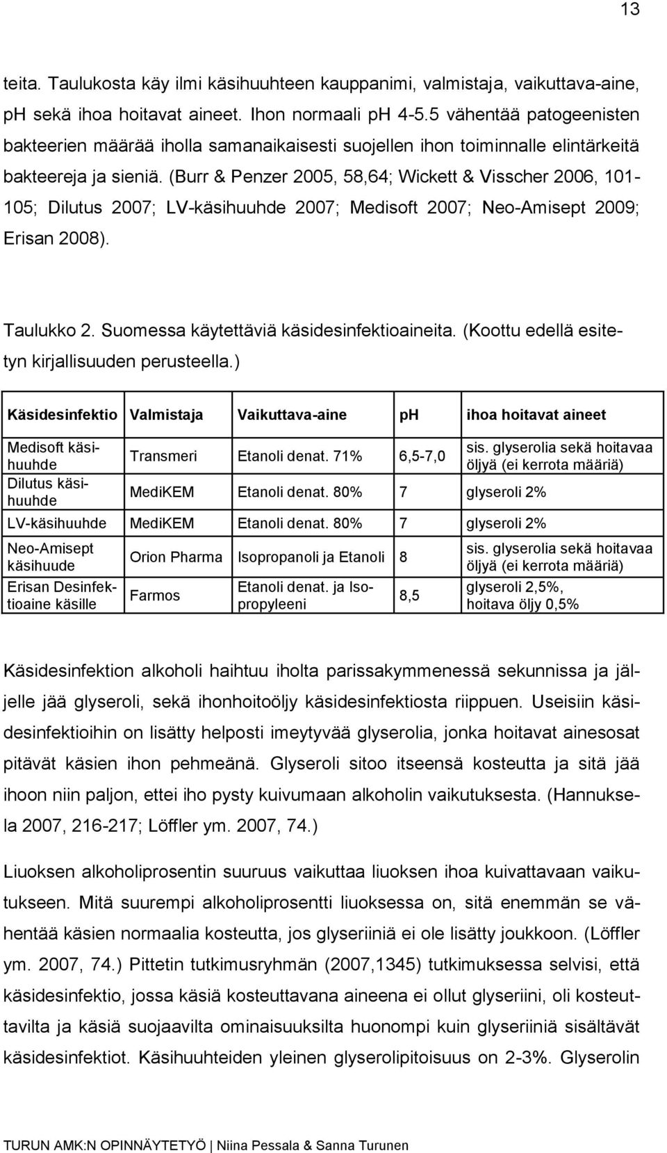 (Burr & Penzer 2005, 58,64; Wickett & Visscher 2006, 101-105; Dilutus 2007; LV-käsihuuhde 2007; Medisoft 2007; Neo-Amisept 2009; Erisan 2008). Taulukko 2. Suomessa käytettäviä käsidesinfektioaineita.