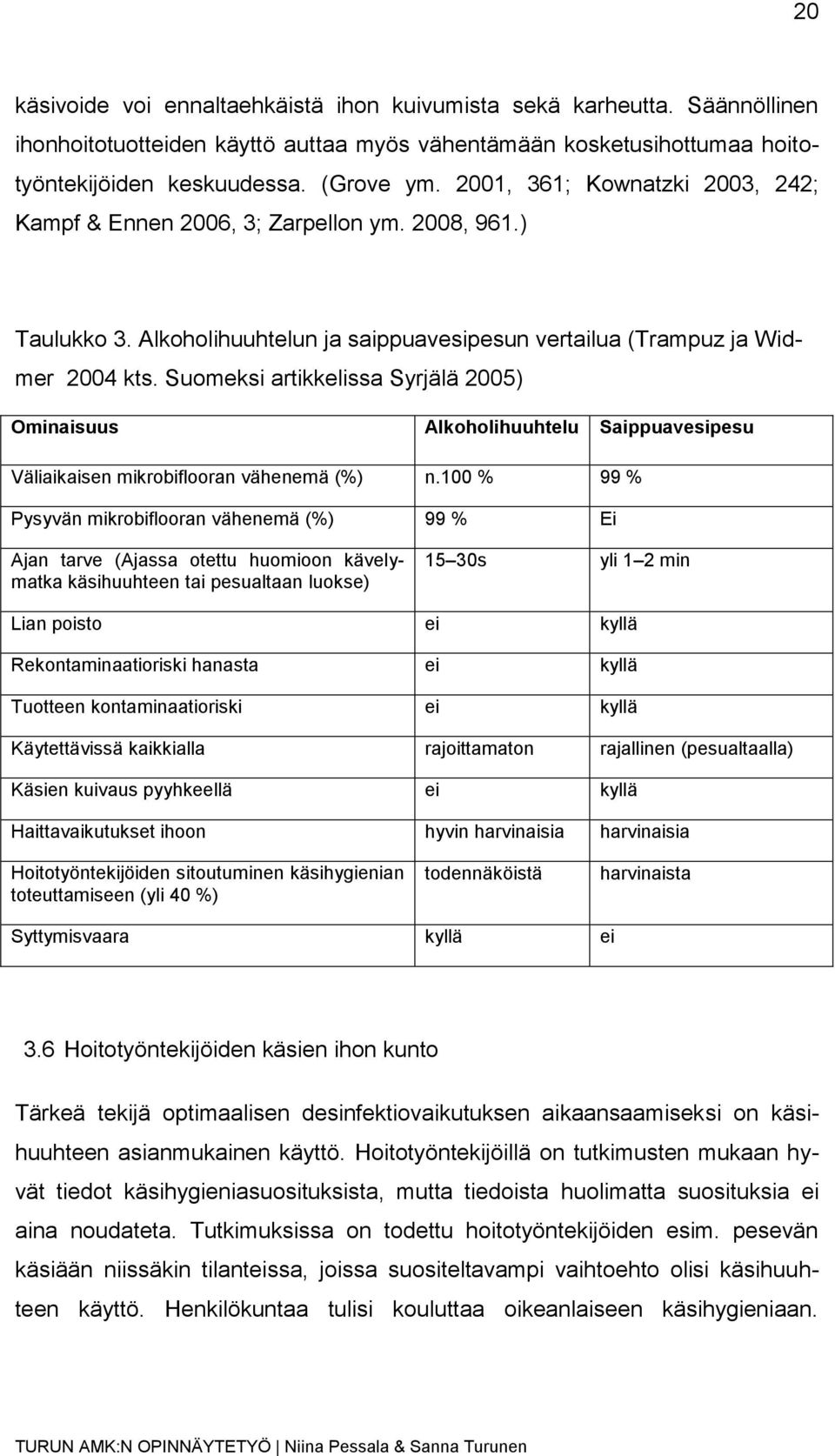 Suomeksi artikkelissa Syrjälä 2005) Ominaisuus Alkoholihuuhtelu Saippuavesipesu Väliaikaisen mikrobiflooran vähenemä (%) n.