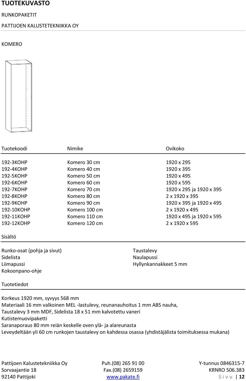 Komero 120 cm 2 x 1920 x 595 Runko-osat (pohja ja sivut) Sidelista Hyllynkannakkeet 5 mm Korkeus 1920 mm, syvyys 568 mm Materiaali 16 mm valkoinen MEL -lastulevy, reunanauhoitus 1 mm ABS