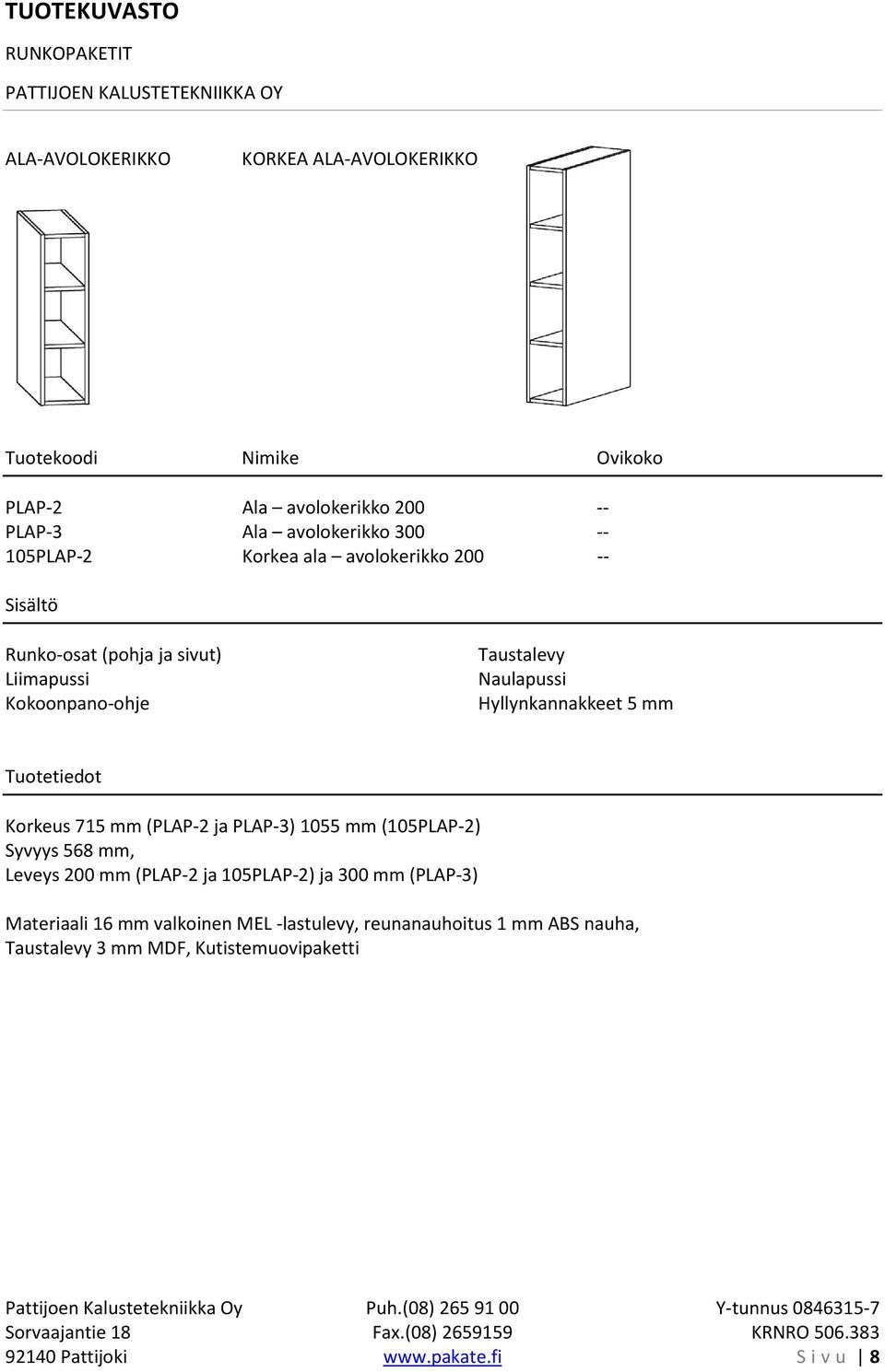 (PLAP-2 ja PLAP-3) 1055 mm (105PLAP-2) Syvyys 568 mm, Leveys 200 mm (PLAP-2 ja 105PLAP-2) ja 300 mm (PLAP-3)