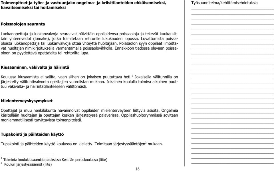 Luvattomista poissaoloista luokanopettaja tai luokanvalvoja ottaa yhteyttä huoltajaan. Poissaolon syyn oppilaat ilmoittavat huoltajan nimikirjoituksella varmentamalla poissaolovihkolla.