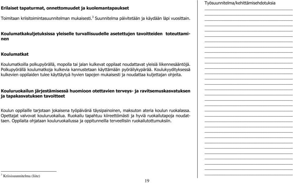 liikennesääntöjä. Polkupyörällä koulumatkoja kulkevia kannustetaan käyttämään pyöräilykypärää.