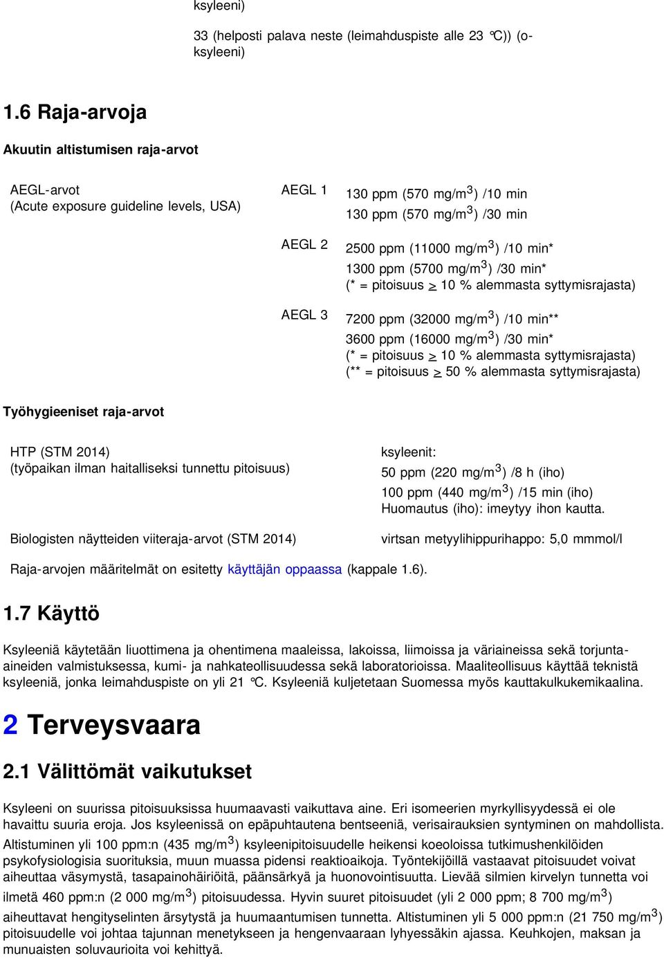 ) /10 min* 1300 ppm (5700 mg/m 3 ) /30 min* (* = pitoisuus > 10 % alemmasta syttymisrajasta) 7200 ppm (32000 mg/m 3 ) /10 min** 3600 ppm (16000 mg/m 3 ) /30 min* (* = pitoisuus > 10 % alemmasta