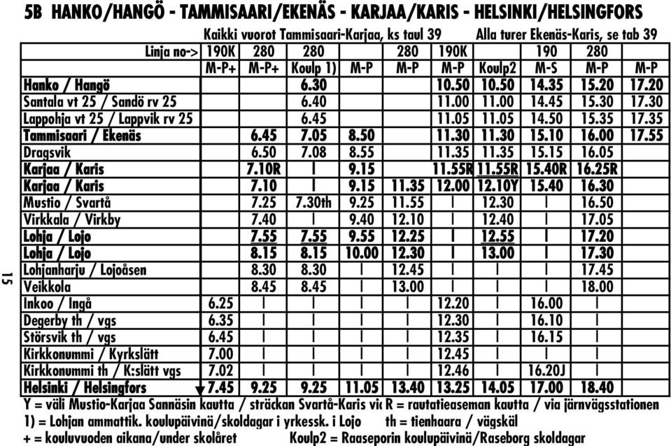 45 11.05 11.05 14.50 15.35 17.35 Tammisaari / Ekenäs 6.45 7.05 8.50 11.30 11.30 15.10 16.00 17.55 Dragsvik 6.50 7.08 8.55 11.35 11.35 15.15 16.05 Karjaa / Karis 7.10R 9.15 11.55R 11.55R 15.40R 16.