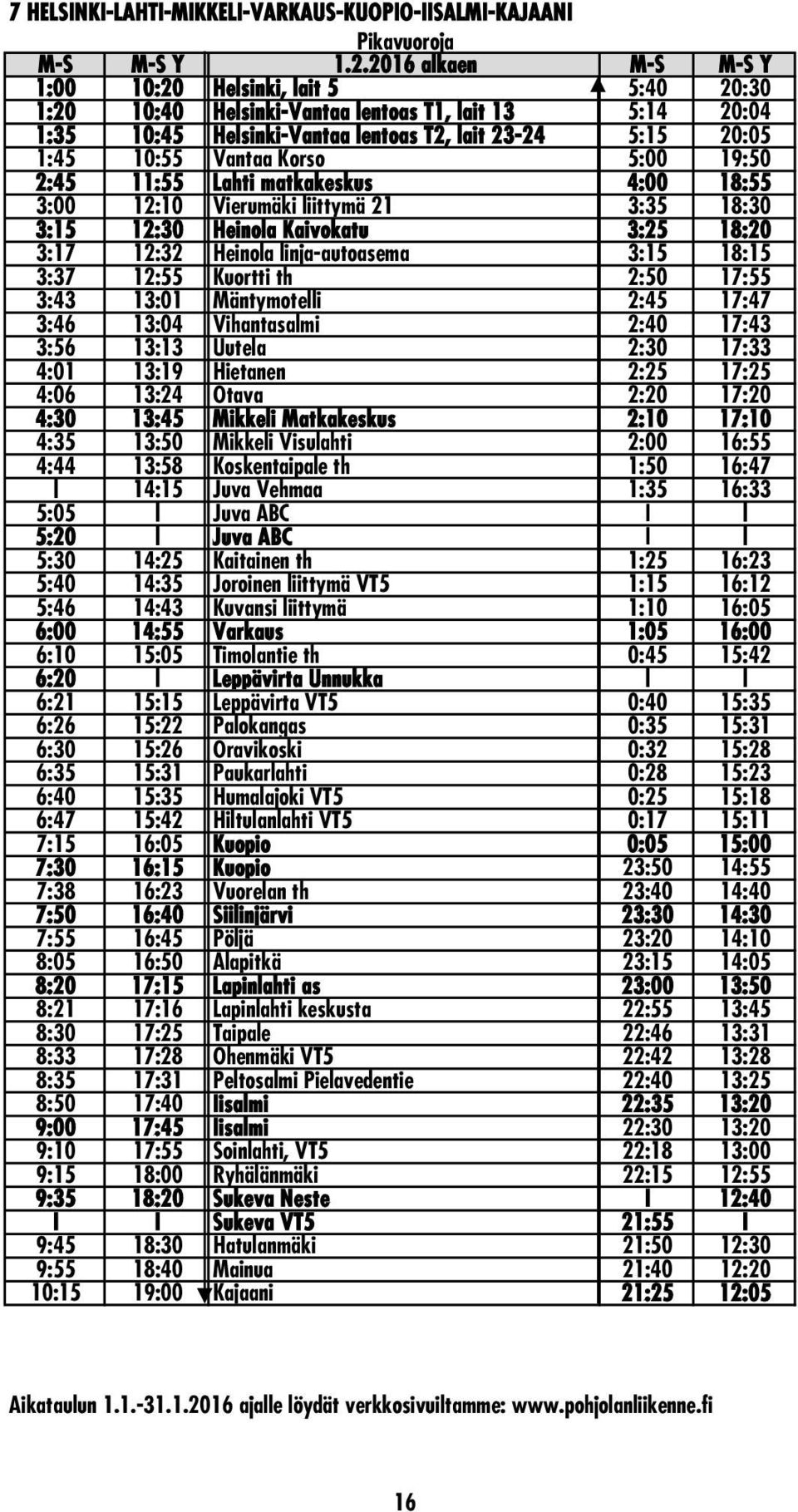 Korso 5:00 19:50 2:45 11:55 Lahti matkakeskus 4:00 18:55 3:00 12:10 Vierumäki liittymä 21 3:35 18:30 3:15 12:30 Heinola Kaivokatu 3:25 18:20 3:17 12:32 Heinola linja-autoasema 3:15 18:15 3:37 12:55