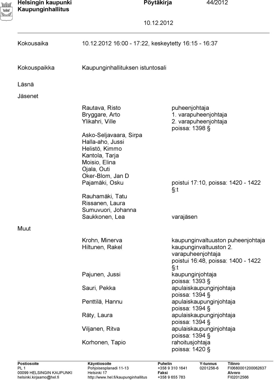 varapuheenjohtaja poissa: 1398 Asko-Seljavaara, Sirpa Halla-aho, Jussi Helistö, Kimmo Kantola, Tarja Moisio, Elina Ojala, Outi Oker-Blom, Jan D Pajamäki, Osku poistui 17:10, poissa: 1420-1422 :t