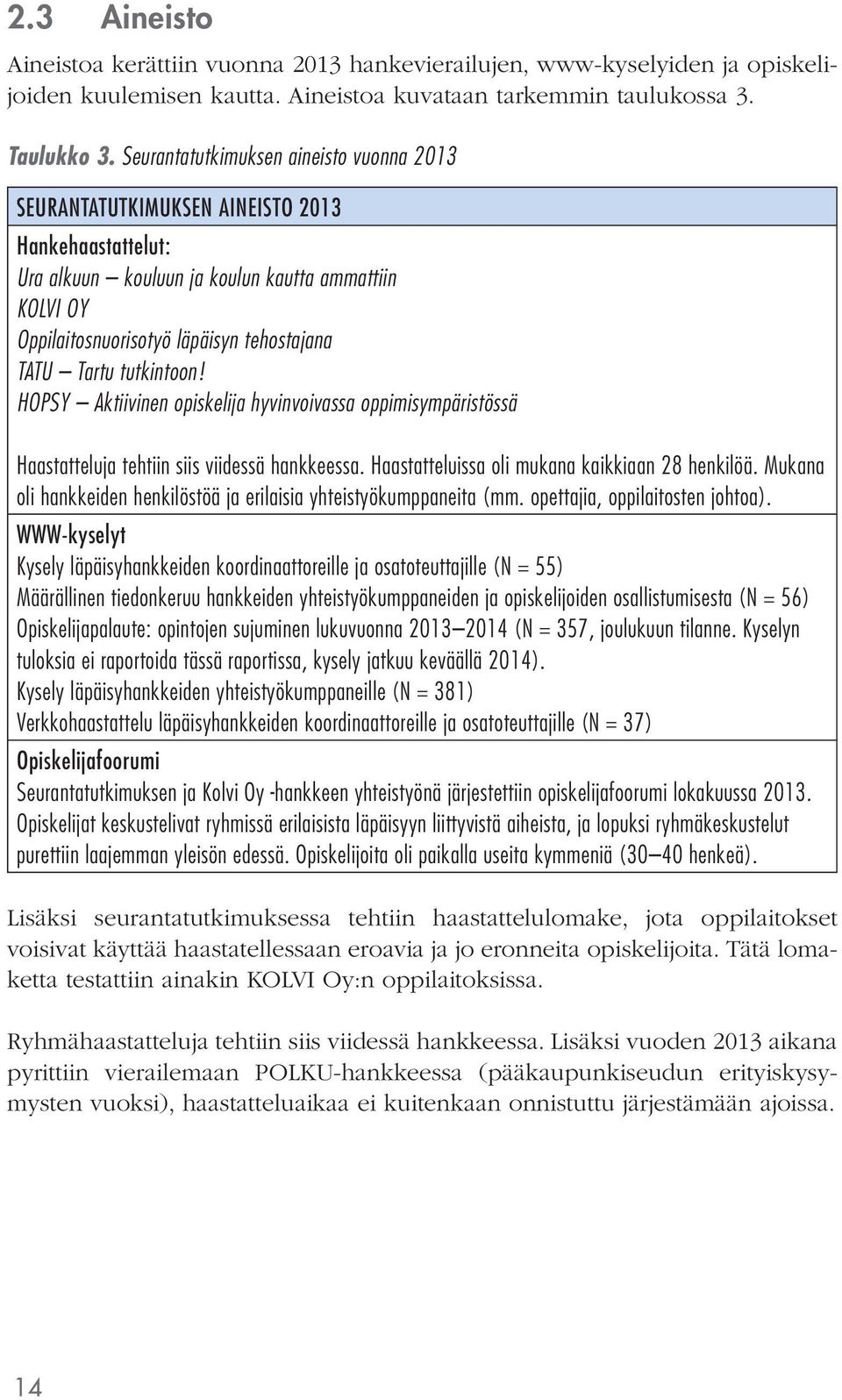 Tartu tutkintoon! HOPSY Aktiivinen opiskelija hyvinvoivassa oppimisympäristössä Haastatteluja tehtiin siis viidessä hankkeessa. Haastatteluissa oli mukana kaikkiaan 28 henkilöä.