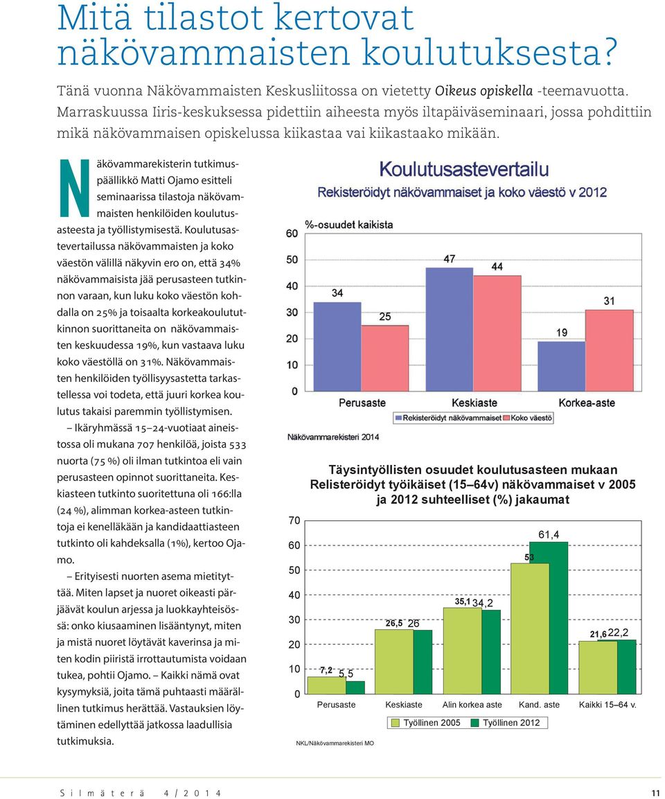 Näkövammarekisterin tutkimuspäällikkö Matti Ojamo esitteli seminaarissa tilastoja näkövammaisten henkilöiden koulutusasteesta ja työllistymisestä.