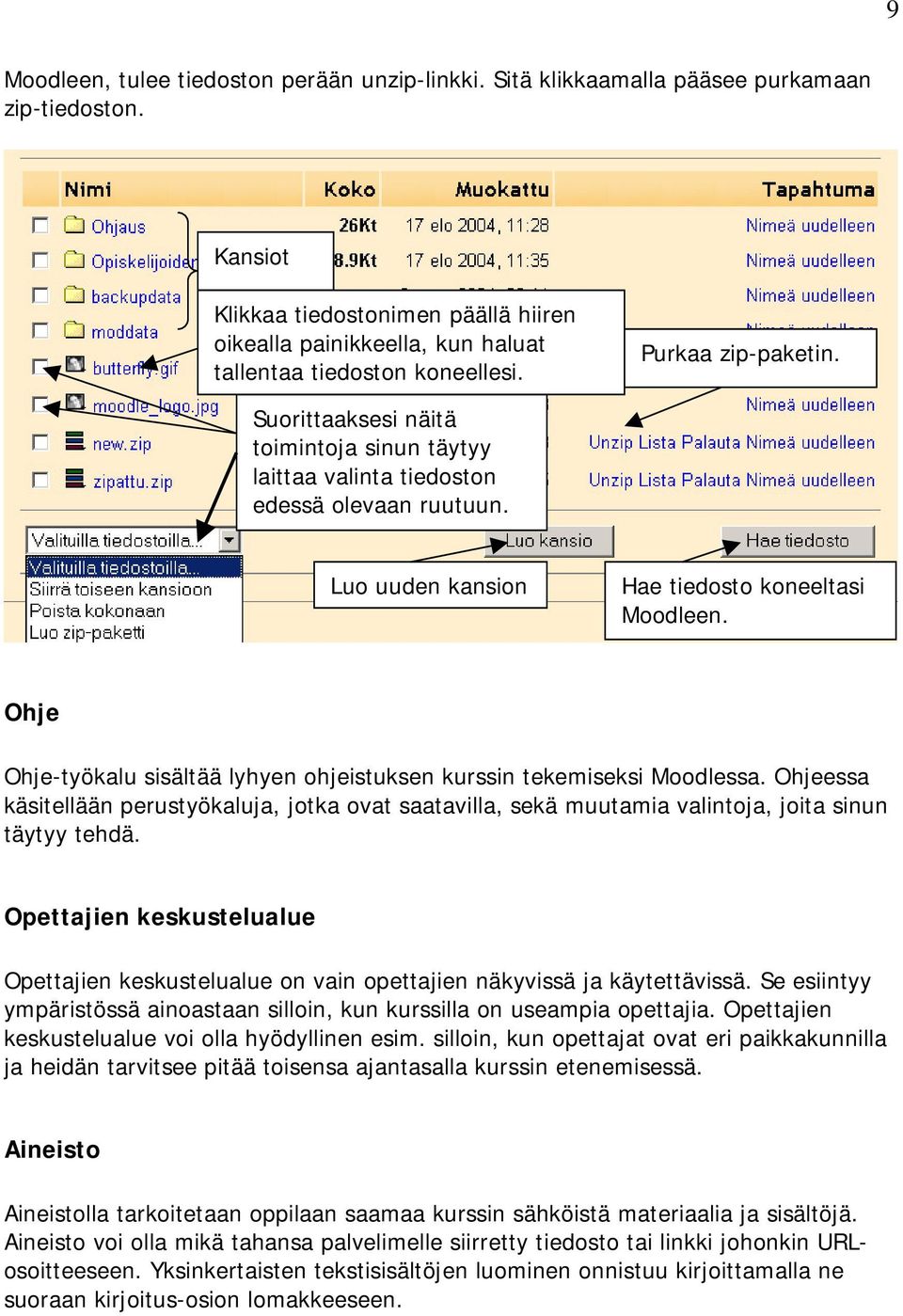 Suorittaaksesi näitä toimintoja sinun täytyy laittaa valinta tiedoston edessä olevaan ruutuun. Luo uuden kansion Hae tiedosto koneeltasi Moodleen.