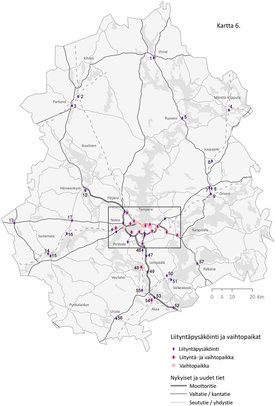 Tampere 13 17 Nokia Sastamala 16 Kangasala 14 15 Punkalaidun Pirkkala Vesilahti Urjala 56 46 48 55 47 Lempäälä 49