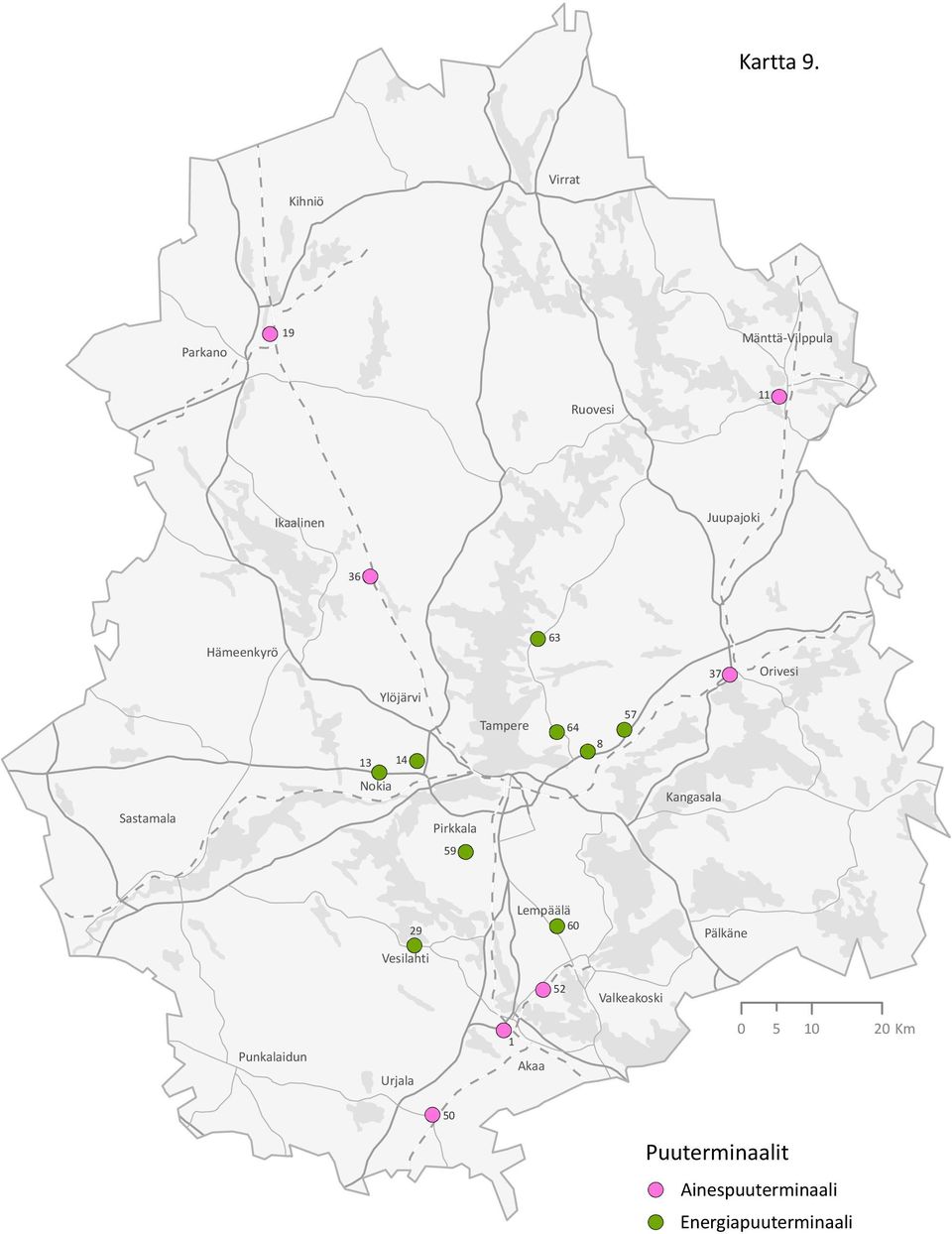 Hämeenkyrö 63 37 Orivesi Ylöjärvi 13 14 Tampere 64 8 57 Sastamala Nokia Pirkkala