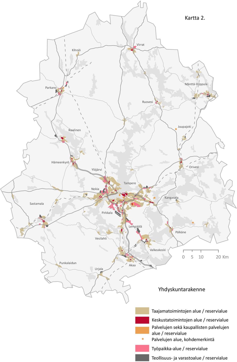 Kangasala Pirkkala Vesilahti Lempäälä Pälkäne Punkalaidun Urjala Akaa Valkeakoski 0 5 10 20 Km Yhdyskuntarakenne