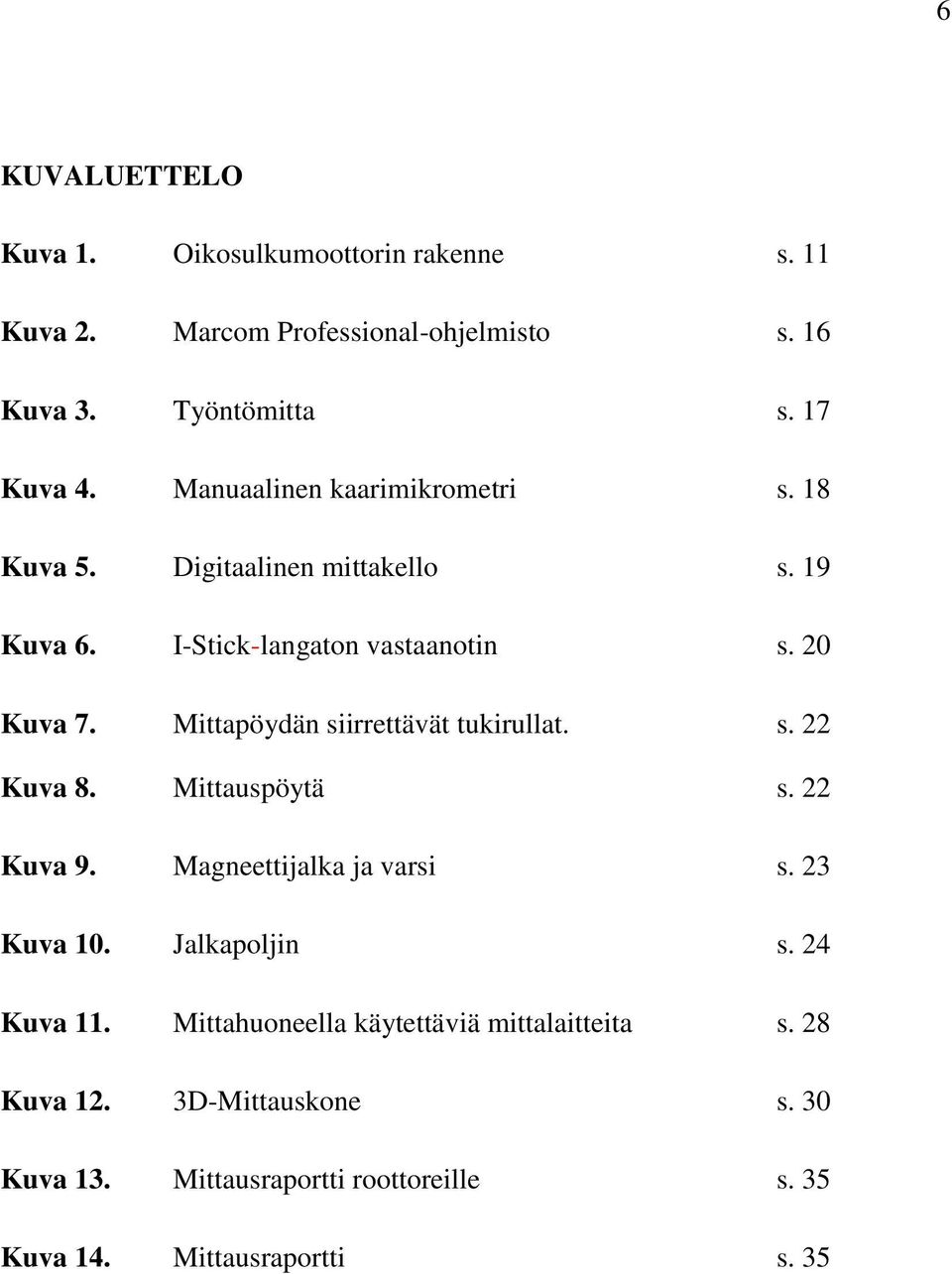 Mittapöydän siirrettävät tukirullat. s. 22 Kuva 8. Mittauspöytä s. 22 Kuva 9. Magneettijalka ja varsi s. 23 Kuva 10. Jalkapoljin s.