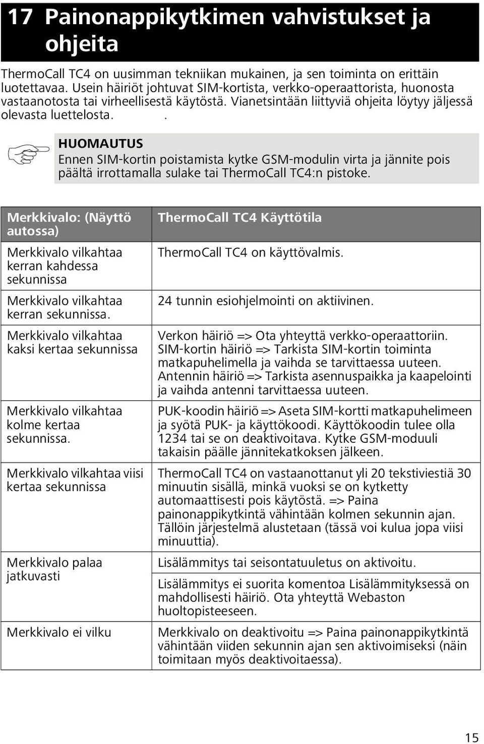 . HUOMAUTUS Ennen SIM-kortin poistamista kytke GSM-modulin virta ja jännite pois päältä irrottamalla sulake tai ThermoCall TC4:n pistoke.